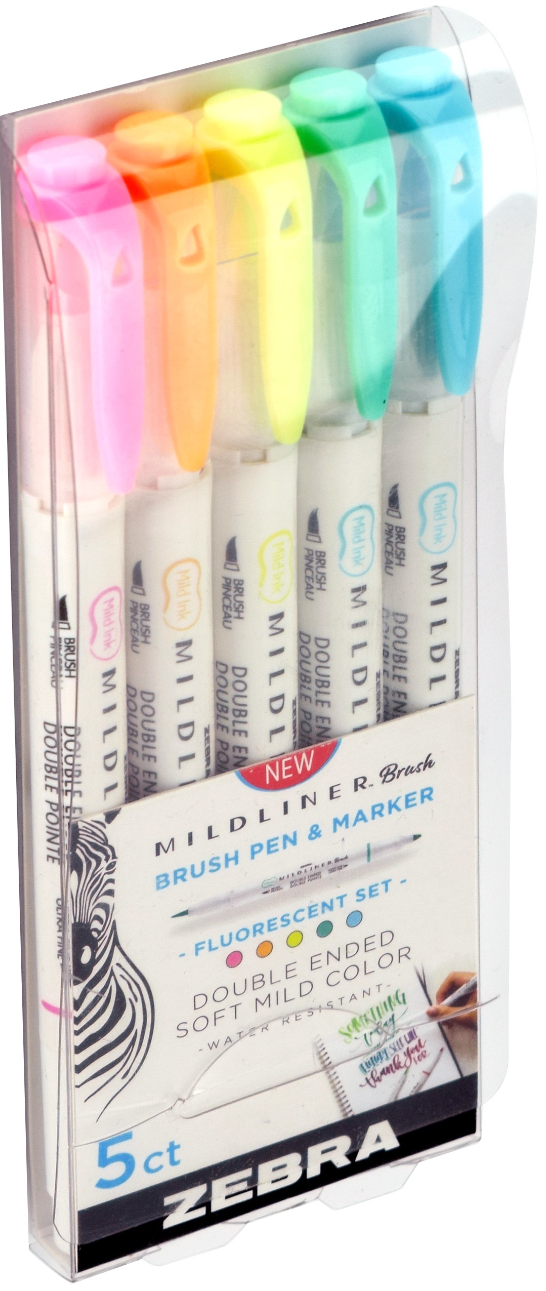 Zebra Mildliner Double-Ended Brush Pen Set, 5-Colors, Fluorescent  Highlighters 