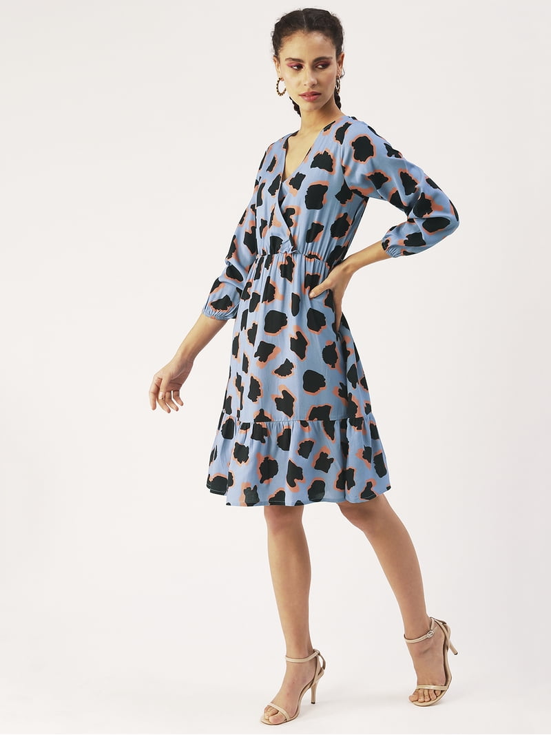 DressBerry Women's Printed Viscose Rayon V Neck Dress 3/4th Long Balloon Sleeves Knee Length Flared Regular Wear Light Weighted Casual Summer Dress