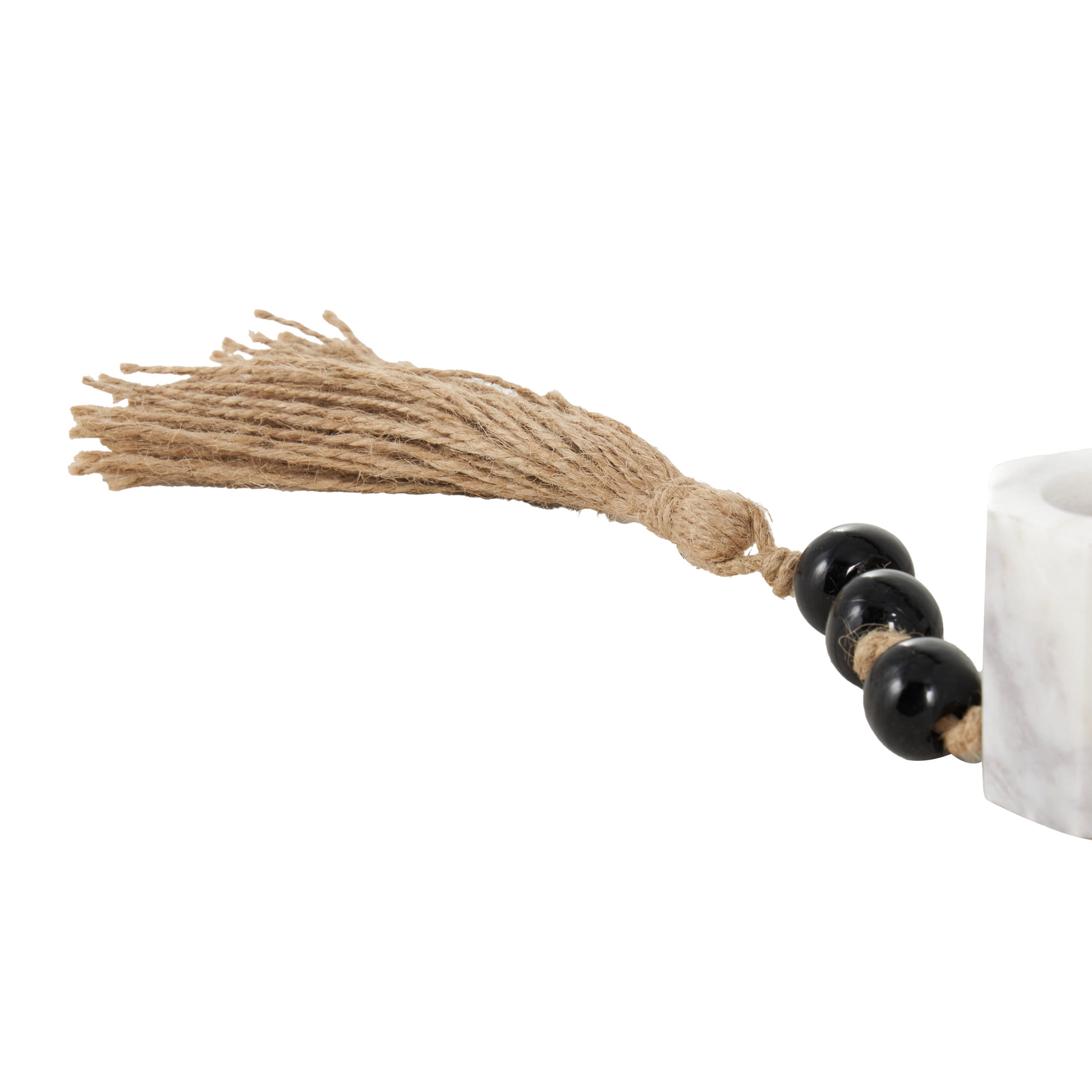 DecMode 5 Candle White Marble Hexagon Garland Candle Holder with Brown Tassel and Black Beads