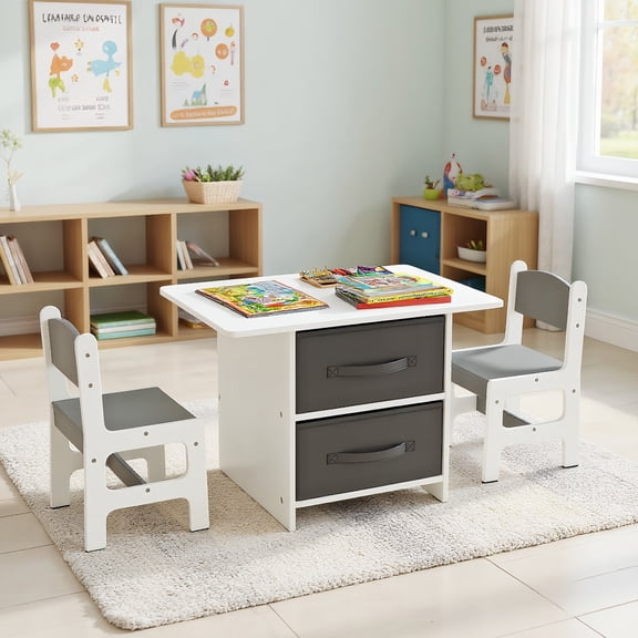 Resenkos 2-in-1 Kids Double-sided Activity Building Block Table with Drawers-Brown, Small Folding Table for Arts & Crafts, Snack Time, Homeschooling, Homework