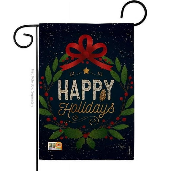 Breeze Decor BD-XM-G-114149-IP-DB-D-US17-BD 13 x 18.5 in. Happy Holidays Wreath Burlap Winter Christmas Impressions Decorative Vertical Double Sided Garden Flag
