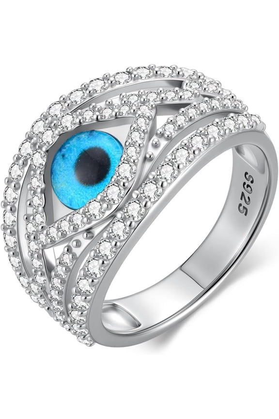 925 Sterling Silver Turkish Evil Eye Rings for Women Pave 5A Cubic Zirconia Twist Devil's Eye Resin Patch Stacking Ring(3.5-12)