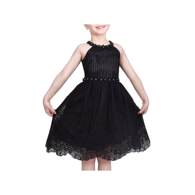 Vestido de Niña Negro de Encaje con Pedrería, Cuello Halter, Formal, Fiesta, Vestido de Gala, 6 Años