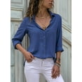thumbnail image 4 of Women Lapel Button Down Chiffon Shirts Solid Color Office Blouse Casual Long Sleeve Tops Blue M, 4 of 8