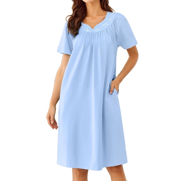 Avidlove Cotton Nightgowns for Women with Pocekts Short Sleeve House Dress Embroidered Neckline Night Gown Sleepwear Pleated Lounge Mumu Dress