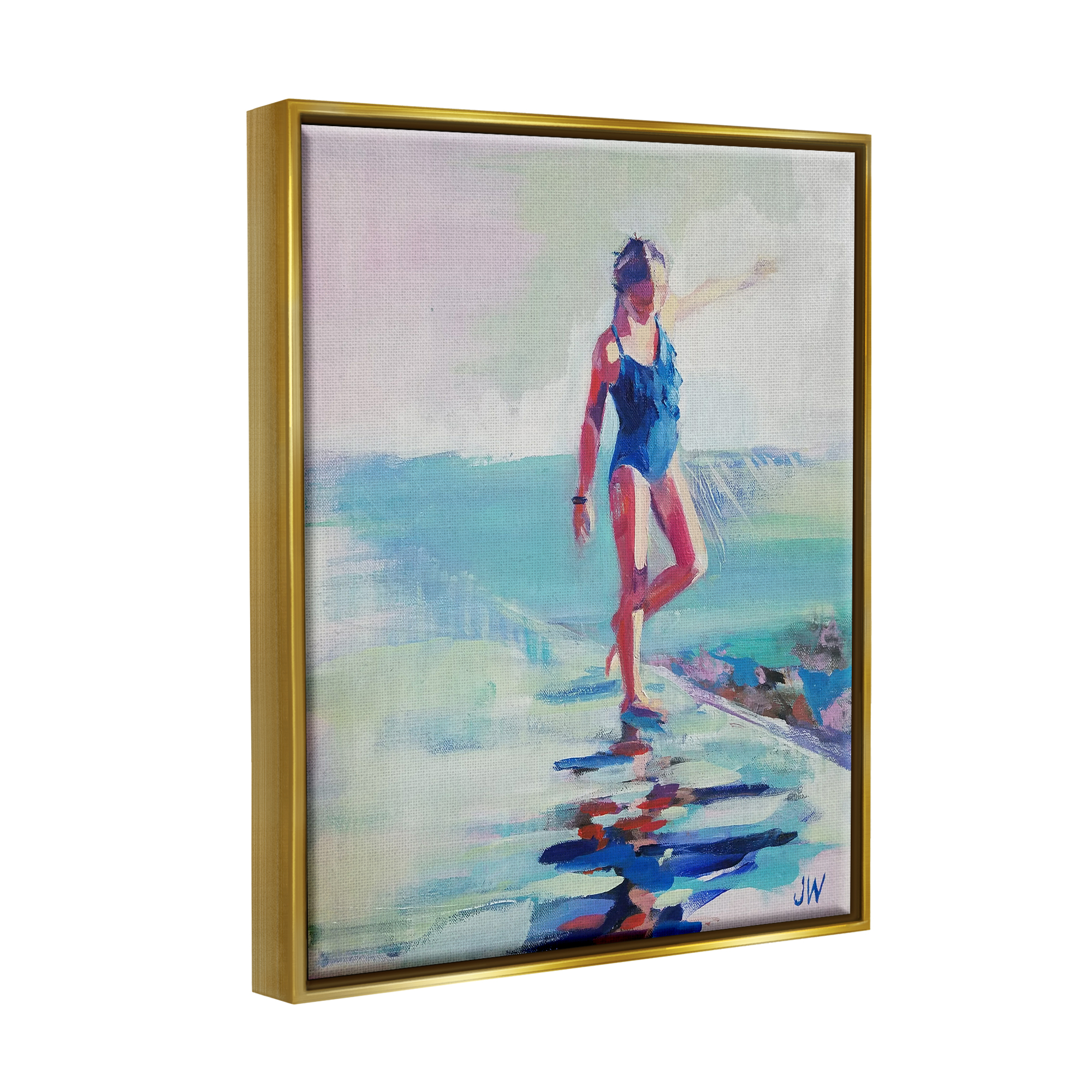 Stupell Industries Girl on Beach Abstraction Abstract Painting Gold Floater Framed Canvas Art Print Wall Art, 17 x 21