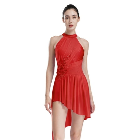 XUNZOO Ladies Lyrical Dance Costume Figure Ice Skating Dress Irregular Flowy Skirt Leotard Dancewear Red XL