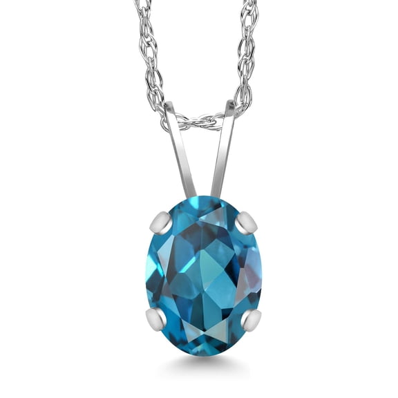 Gem Stone King 1.00 Ct Oval London Blue Topaz 14K White Gold Pendant With Chain