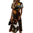 thumbnail image 2 of Womens Halloween Midi Dresses Pumpkin Ghost Short Sleeve Funny Sundress Witch Hat V Neck Horror Dresses, L, 2 of 5