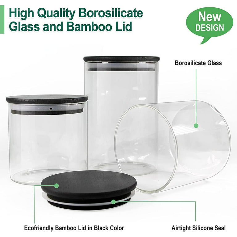 Urban Green Glass Jars with Black Lids, Glass Food Storage Sets with Airtight Black Lids, Glass Canisters Sets with Bamboo Lids 3 Sets of 20oz + 3