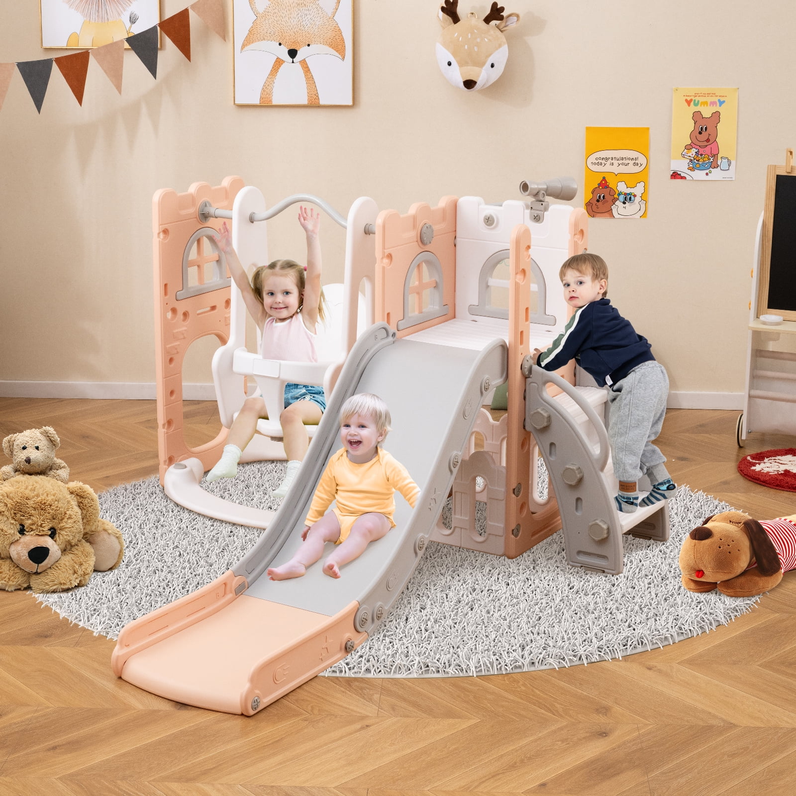 Patiojoy 7 in 1 L-shaped Toddle Swing and Slide Set Freestanding Toddler Slide Playset w/ Swing Pink