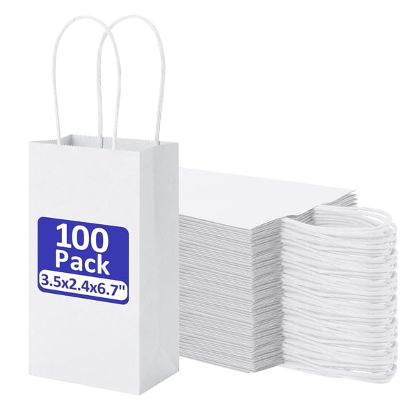 BagDream 100 Pack Mini White Gift Bags with Handles 3.5x2.4x6.7 Recyclable Kraft Paper Bags for Party Favor, Small Business