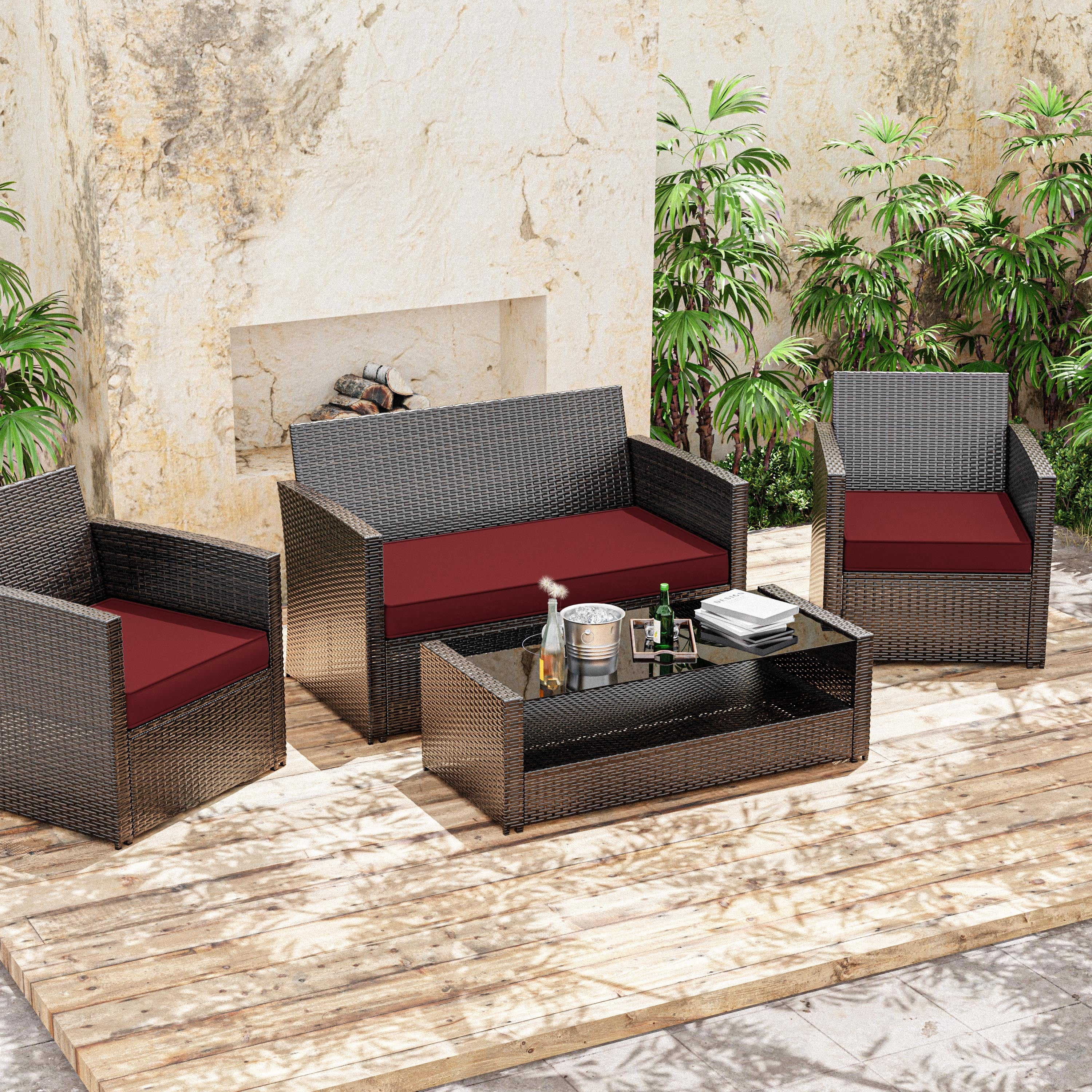 Snubbull 3 Pack Outdoor Replacement Cushions for 4-Seater Wicker Rattan Loveseat Sofa Chair Patio Furniture, 36 x 18 x 3,18 x 18 x 3, Burgundy