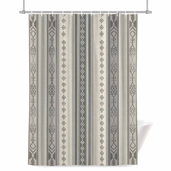 Shower Curtains for Bathroom-36"x72",Vintage Geometric Lines on Beige Grey Waterproof Bath Curtain Grommet Shower Curtain Set with Hooks