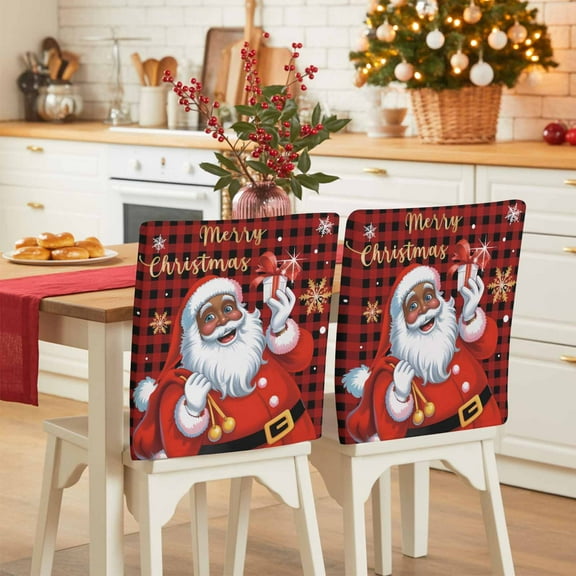 Black Santa Claus Merry Christmas Chair Covers Set of 6 Xmas Snowflake Red Plaid Chair Back Covers Stretch Removable Washable Slipcovers Protector for Dining Room Kitchen Party Decor