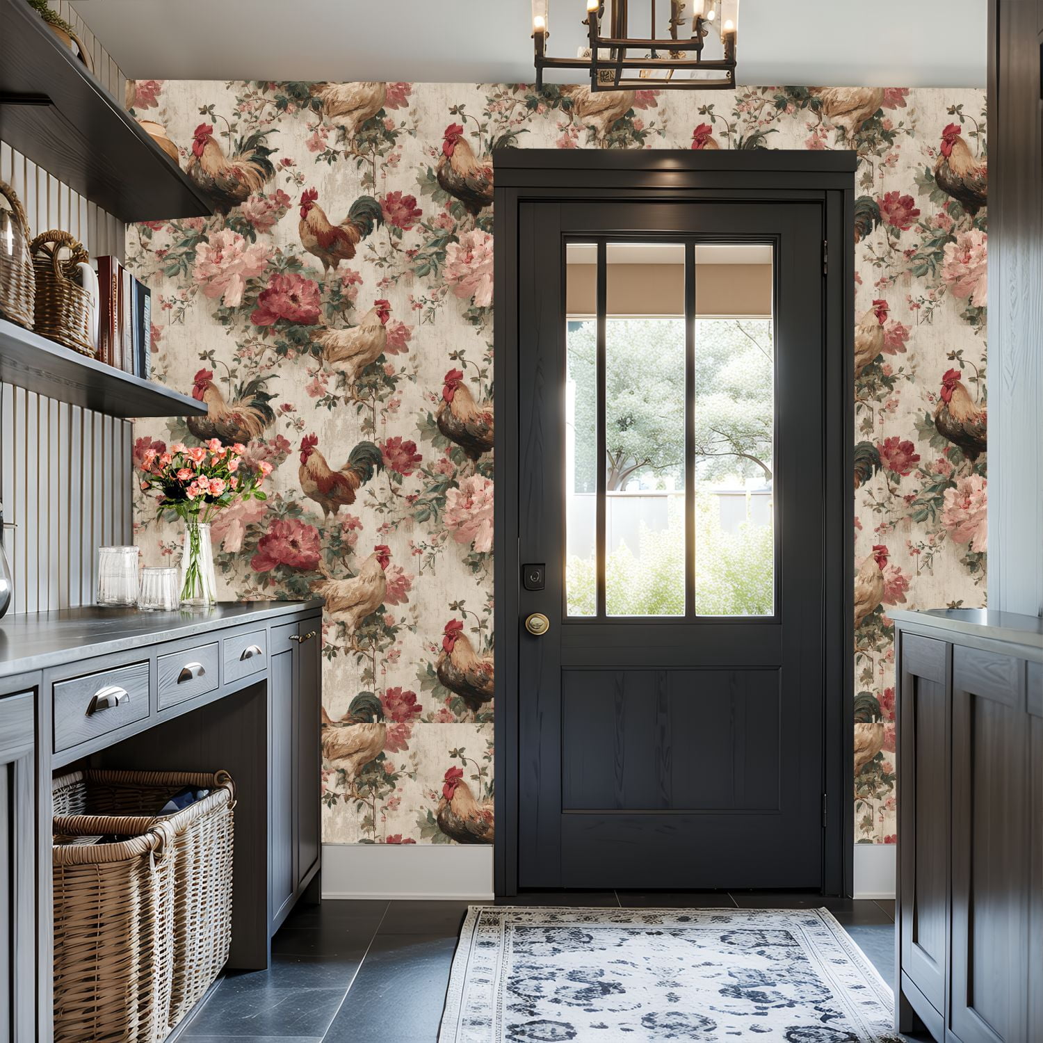 Peel and Stick Wallpaper 17.7in x 9.8ft Vintage Rooster Floral Soft Rustic Country Farmhouse Contact Paper Vinyl Waterproof Self Adhesive Wall Paper for Bedroom Shelf Cabinet Renter Friendly