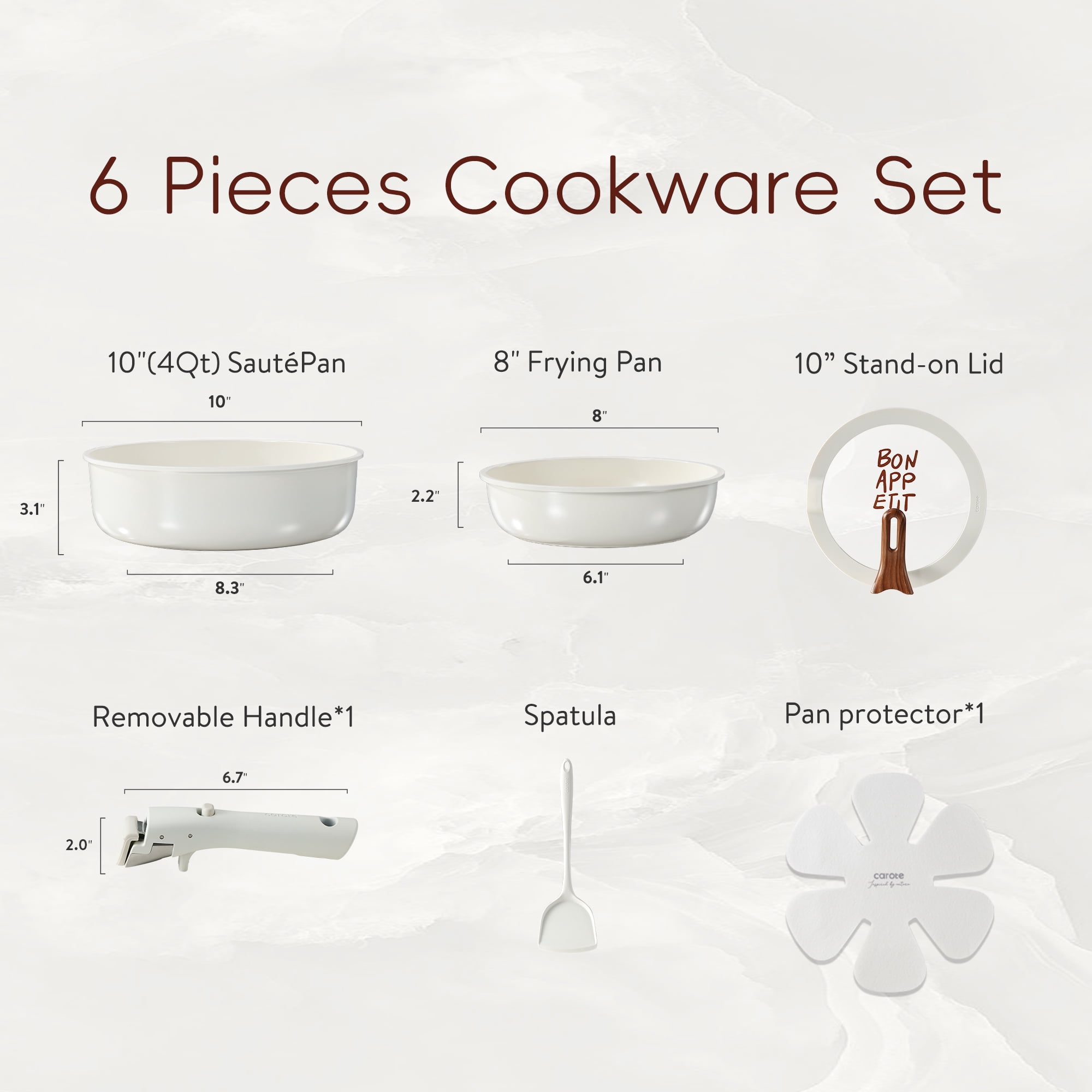 Carote 6 Pcs Ceramic Nonstick Pot and Pan Set, Nonstick Cookware Set with Lid & Detachable Handle, Oven Safe, Induction Ready, Stackable, Cream White