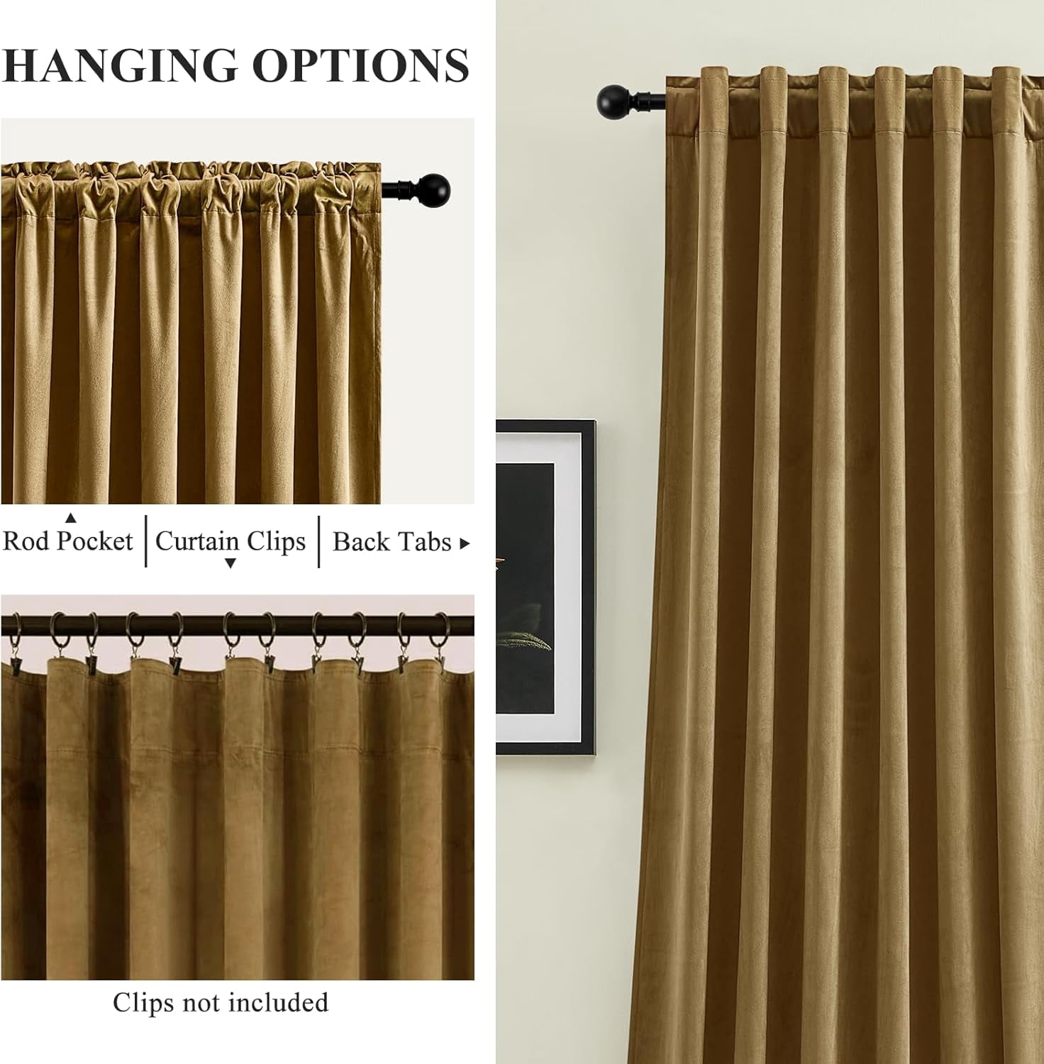 Galenzoov 52*90 inch 2 Panels Velvet Curtains for Home, Room Darkening Heat Blocking Blackout Window Curtains Back Tab Rod Pocket Drapes for Bedroom,Living room,Office,Gold Brown