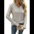 thumbnail image 1 of Camisa de Punto A Rayas de Larga con Cuello en V para Mujer, Estilo Túnica Informal, Holgada y Elegante, para Otoño. Albaricoque M, 1 of 10