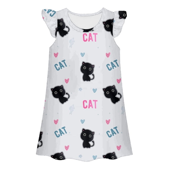 Gunia Little Girls Nightgowns Pjs For Girls Cat Graphic Summer Dress Casual Round Neck Flutter Sleeve Loose Fit Home Wear Play Outfits Night Gowns Sleepwear White 6-7 Years