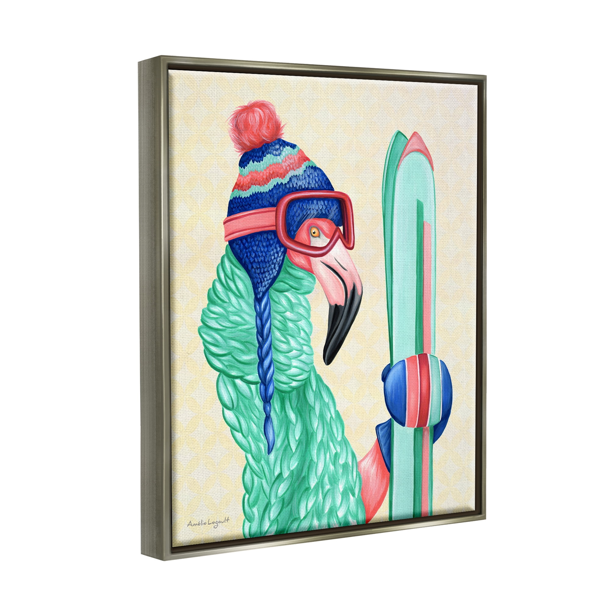 Stupell Industries Flamingo Bird Wearing Skiing Winter Sports Clothes Graphic Art Luster Gray Floating Framed Canvas Print Wall Art, Design by Amelie Legault
