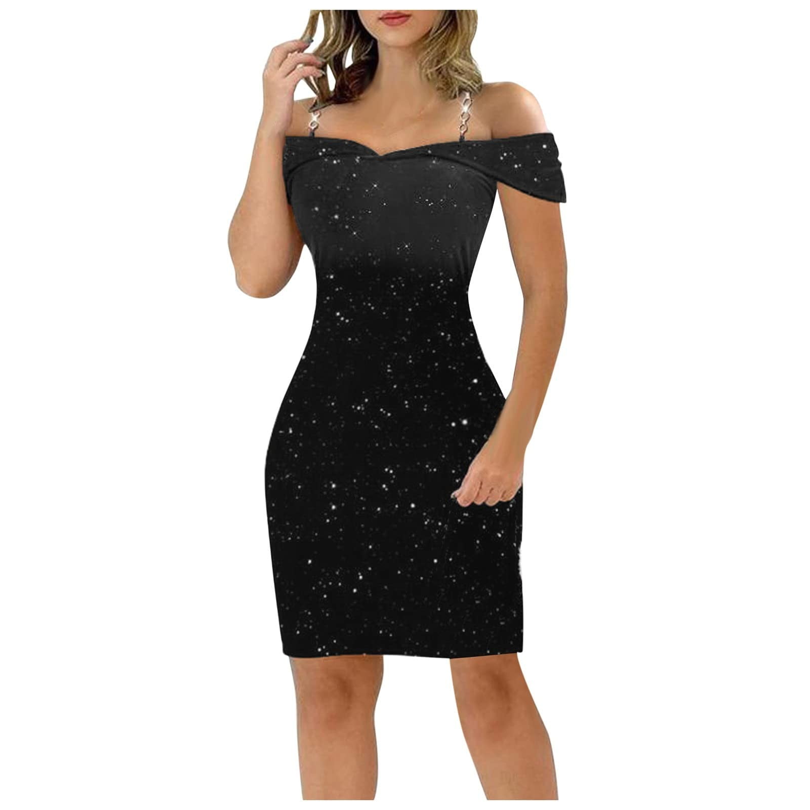 Womens Dress Floral Maxi Dresses for Women Women Off Shoulder Slim Tight Fashion Shiny Dress Bronzing Splice Sleeveless Adult Female Clothes Black Size XL Walmart