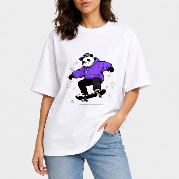 Women Oversized Cotton Tee, Cartoon Skateboarding Panda Purple Hoodie Street‑Art Drop‑Shoulder T‑Shirt
