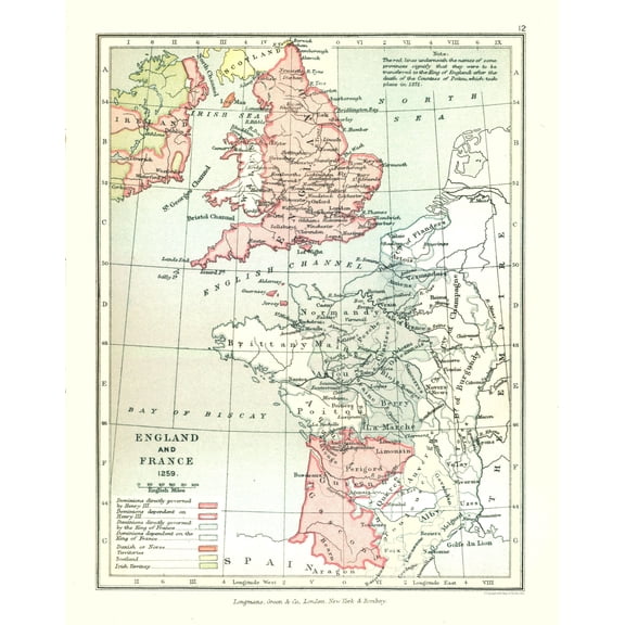 Historic Map - England France 1259 - Gardiner 1902 - Vintage Wall Art