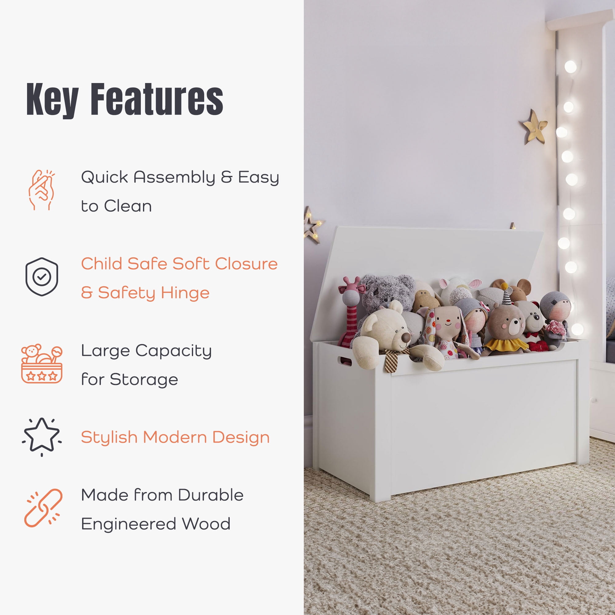 Sturdis Wooden Toy Box Spacious Storage for Home Organization, White