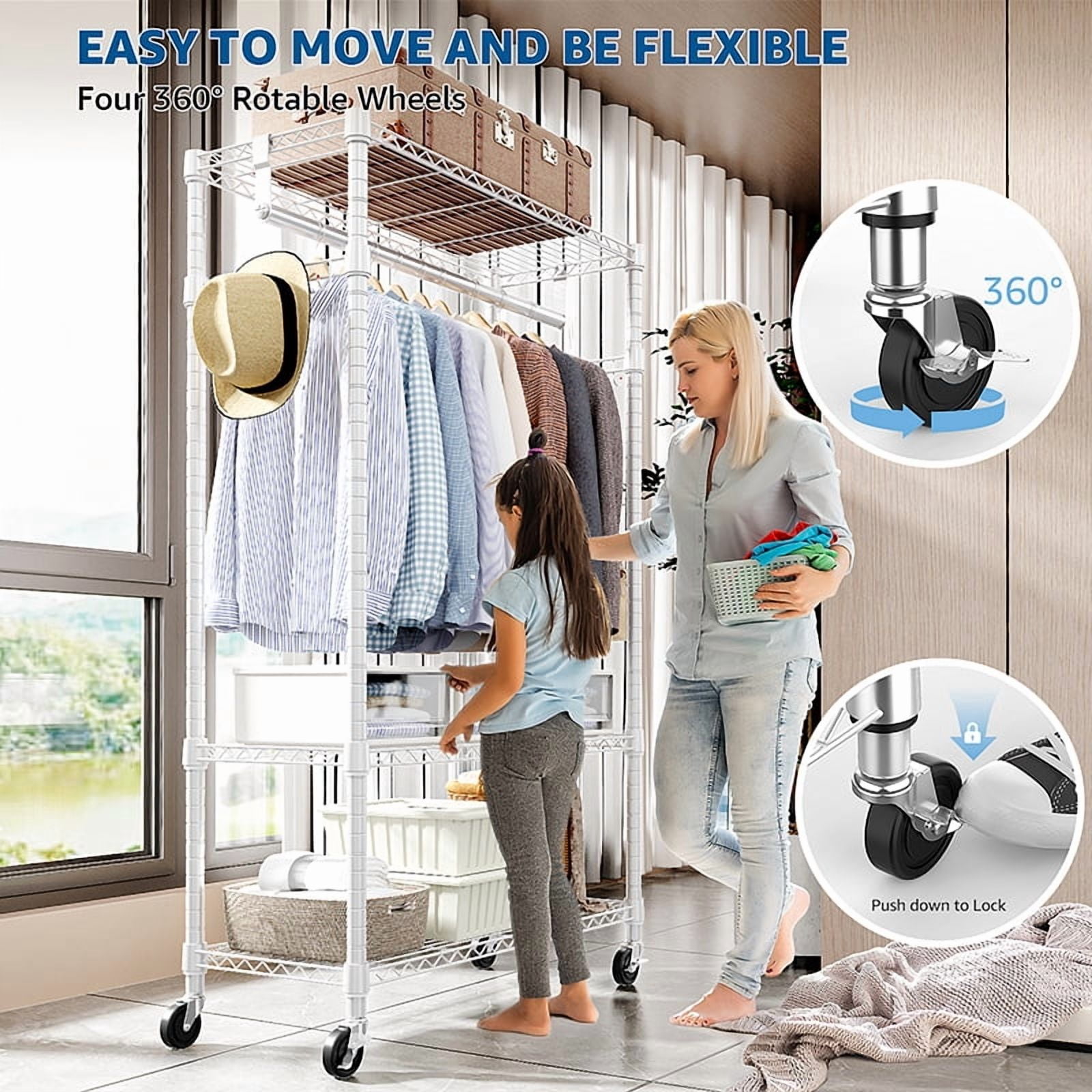 Heavy Duty Rolling Garment Rack, 3-Tier Adjustable Wire Shelf Clothing Organizer with Hanging Rod & Side Hooks, Lockable Casters 15.7"D×29.5"W×74.5"H