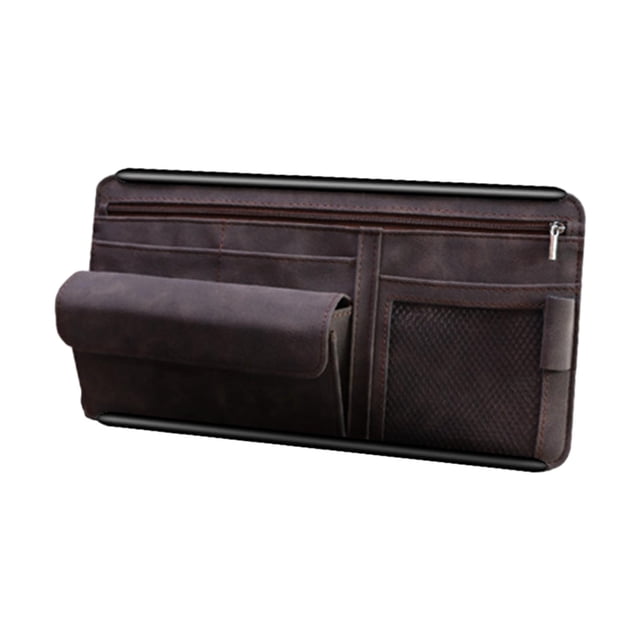 Organizador de gafas para parasol de coche, soporte para teléfono, bolsillo con cremallera, 12 x 6,5 pulgadas Marrón
