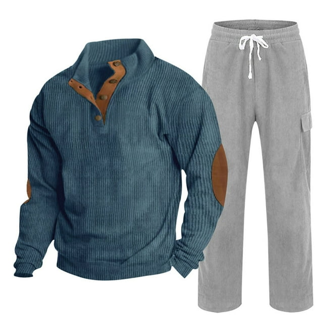Mens Corduroy Christmas Sweatshirts 2 Piece Matching Lounge Set Sweatshirts Sleeve Patch Long Sleeve Sweatshirt Quarter Button Down Blouses Top Mens Corduroy Pants Workout Running Golf Gym Suits