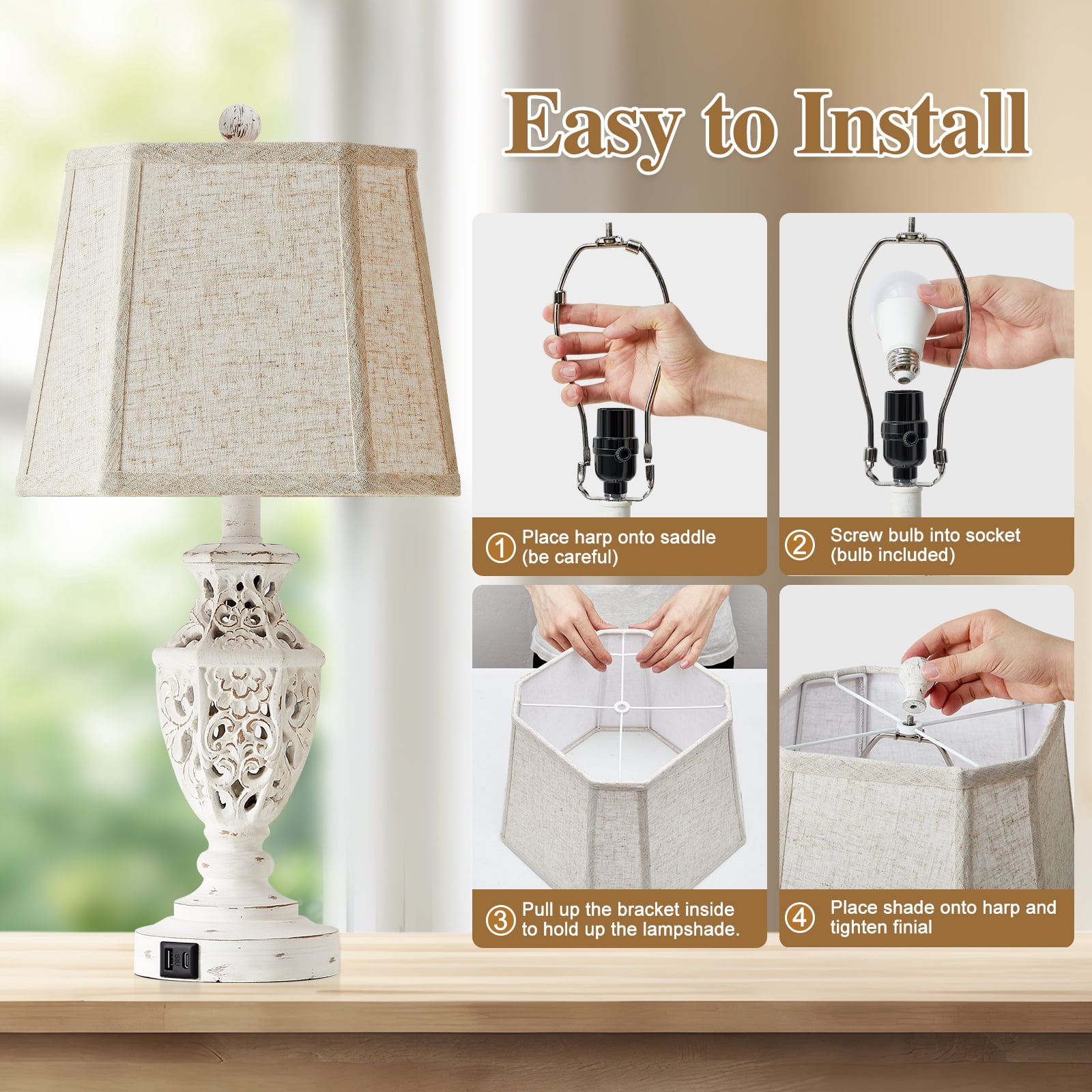 NATYSWAN Table Lamps Set of 2, 23.5"Bedside Lamp with USB A+C and Nightlight, Cream Modern Resin End Lamps for Bedroom Living Room