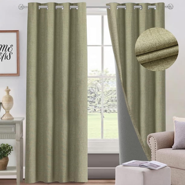Lino Cortinas Blackout con Aislamiento Térmico, 100% Blackout y Ojal Superior Cortina para Recámara y Ventana de Sala, Capa Trasera de Revestimiento Gris, 2 Paneles, 132 x 241 cm, Lino