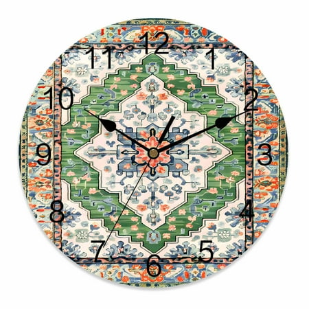 Silent Wall Clocks Battery Operated, Retro Boho Round Decorative Wall Clock for Living Room Bedroom Kitchen Bathroom Classroom Decor, 12 Inch Aztec Southwest Tribal Floral Pattern Green Orange