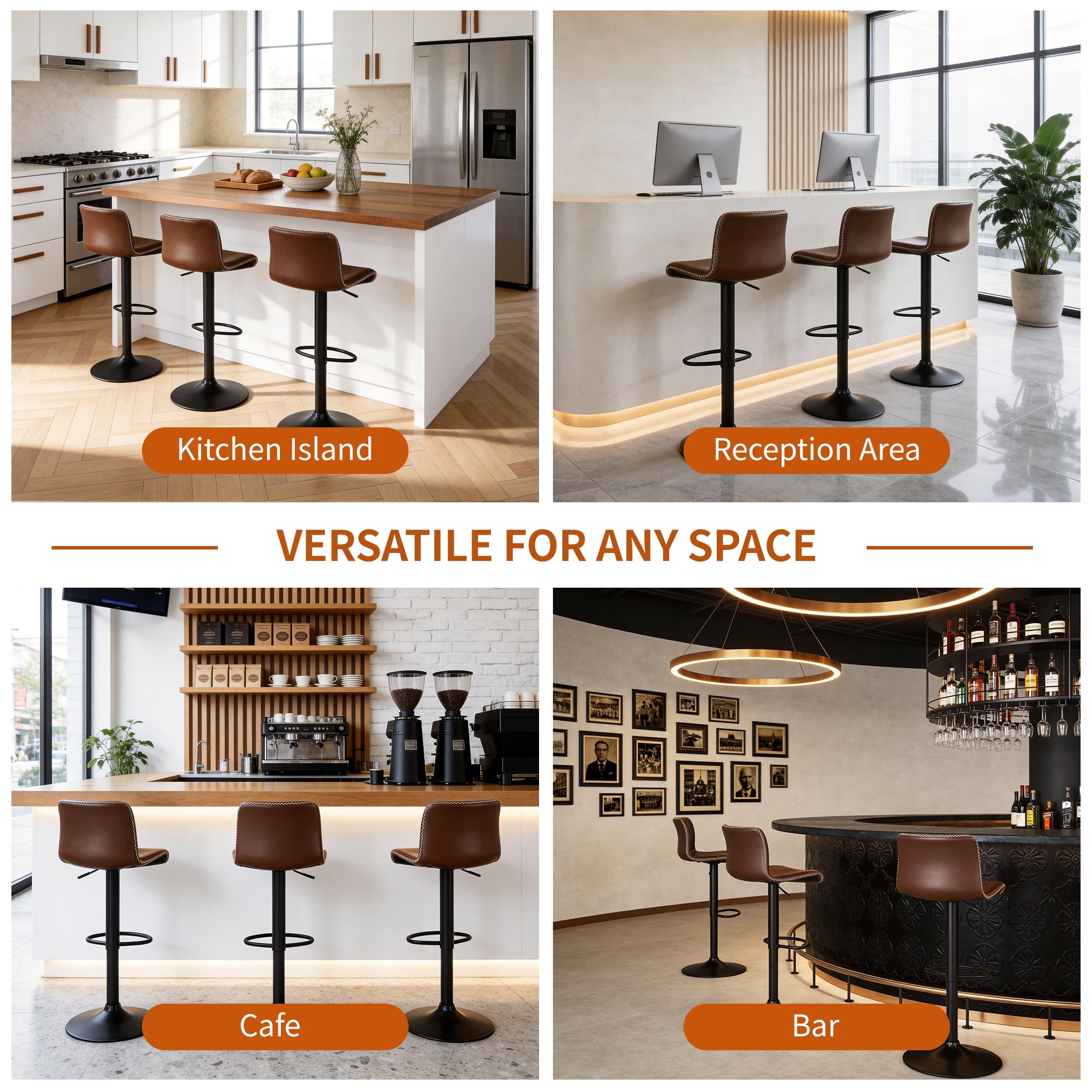 FIRAVOE Bar Stools Set of 6, Swivel Bar Height Bar Stools with Ergonomic Back, Adjustable Barstools 24" to 32", Faux Leather Bar Chairs for Kitchen Island, Brown