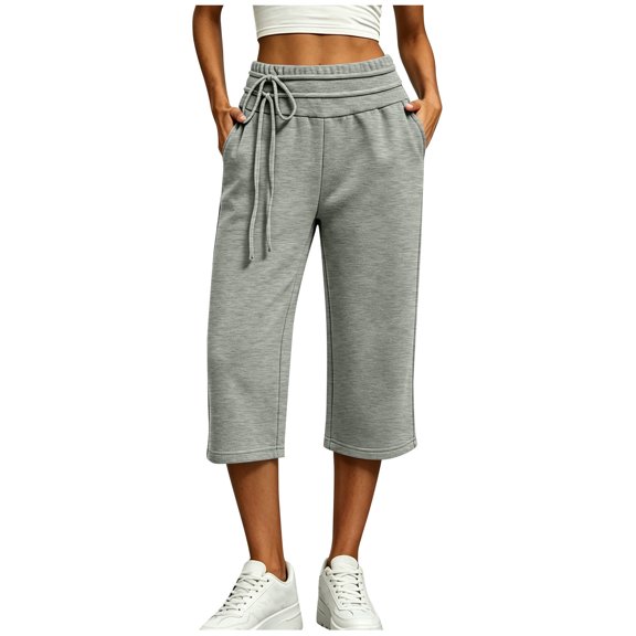 SAWOBUUN Womens Wide Leg Capri Sweatpants High Waisted Drawstring Casual Soft Cropped Lounge Pants with Pockets
