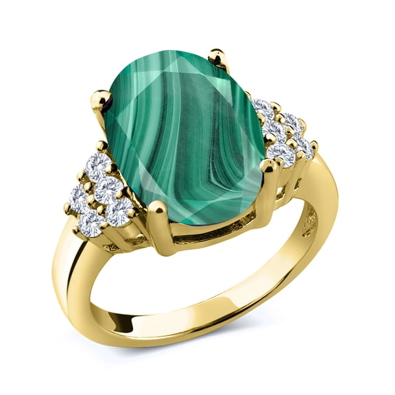 Gem Stone King 18K Yellow Gold Plated Silver Oval Green Malachite and White Moissanite Ring for Women | 6.38 Cttw | Gemstone Birthstone | Oval 12X10MM (Size 9)
