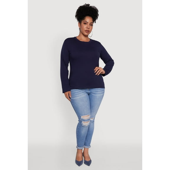 Womens Plus Size Basic Long Sleeve Crew Neck T-Shirt