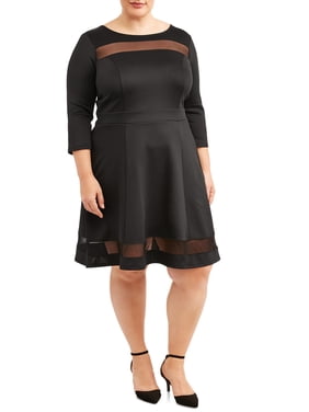 Women's Plus Elbow Sleeve Mesh Pieced Skater Dress