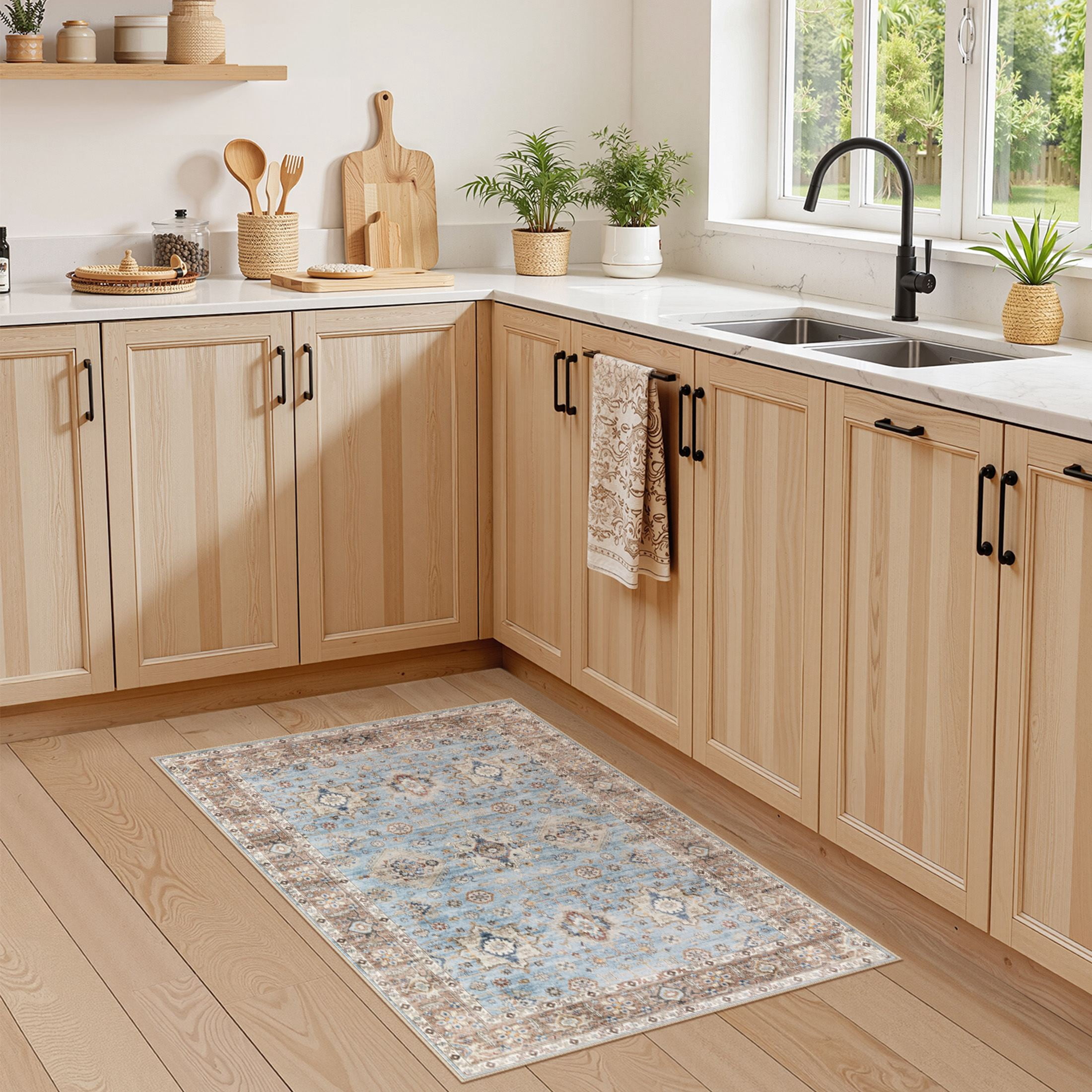 Uermei 2'x3' Small Washable Area Rug: Non-Slip Stain-Resistant Durable Indoor Mat for Entryway, Kitchen, Bedroom, Laundry, Pet & Kid-Friendly Home Decor - Brown Blue