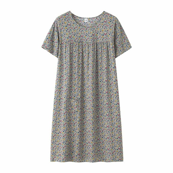 ZSQDM House Dresses for Women Summer Cotton Silk Short Sleeved Sleep Dress For Middle Aged Women New Loose Fitting Home Wear Elderly Sleepwear Plus Size Dress Grey One Size