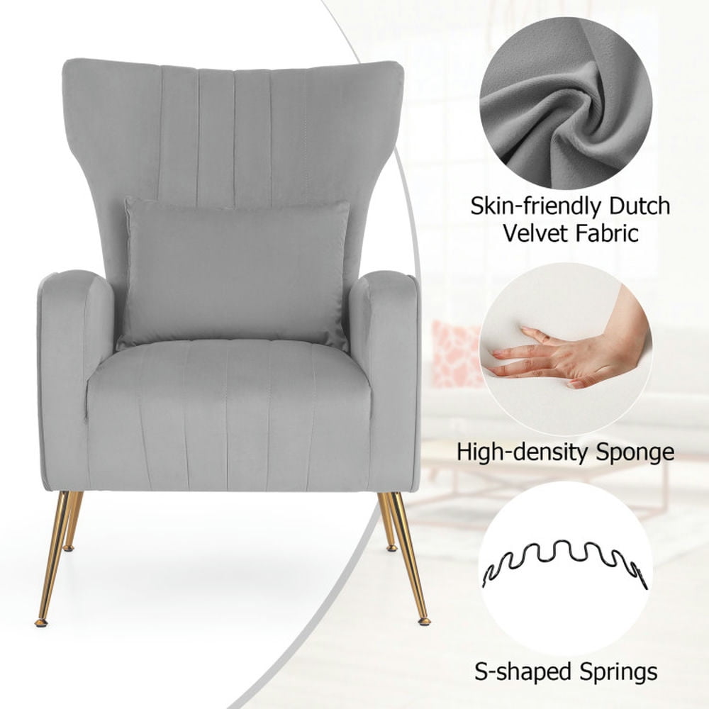 Finihen Accent Chair, Wingback Accent Armchair, Modern Accent Chair, Velvet Upholstered Wingback Chair with Lumbar Pillow and Golden Metal Legs, for Living Room, Bedroom, Gray