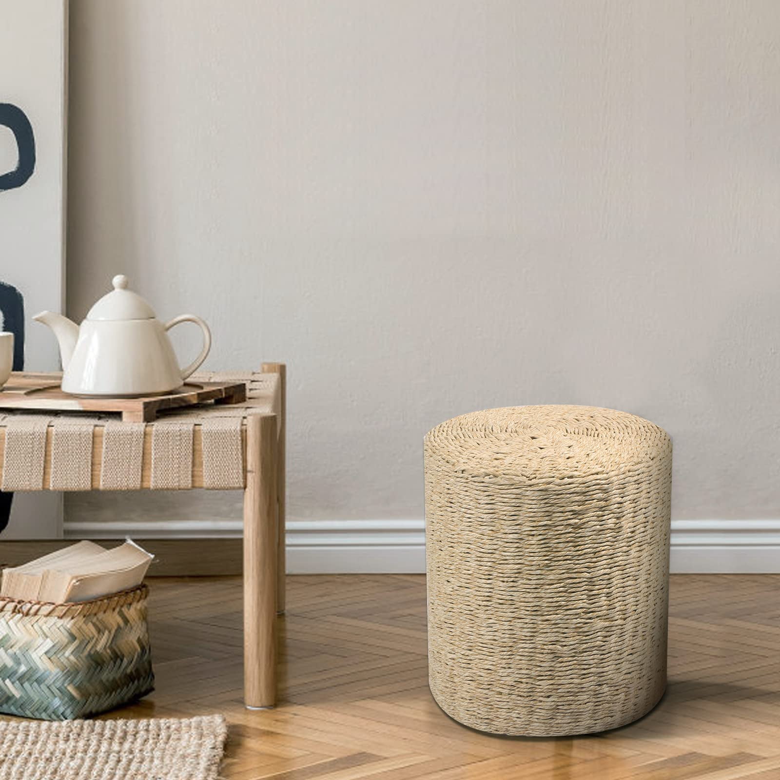 Tcbosik 14 inch Round Foot Stool, Hand Weave Natural Seagrass Footrest, Boho Ottoman for Small Space, Living Room, Bedroom, Natural