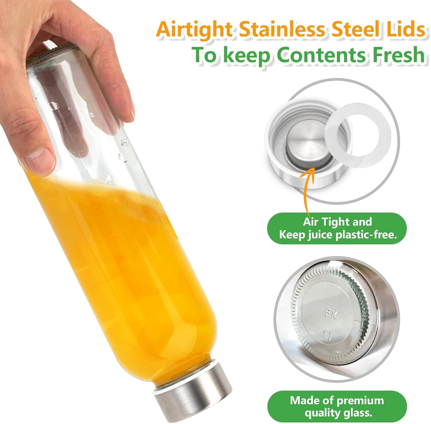 Behome 18 oz Glass Juice Bottles with Lids, 6 Pack Reusable Water Bottles with Funnel, Leak Proof & BPA Free, Glass Water Bottle for Juicing, Refrigerator, Beverage Storage Containers