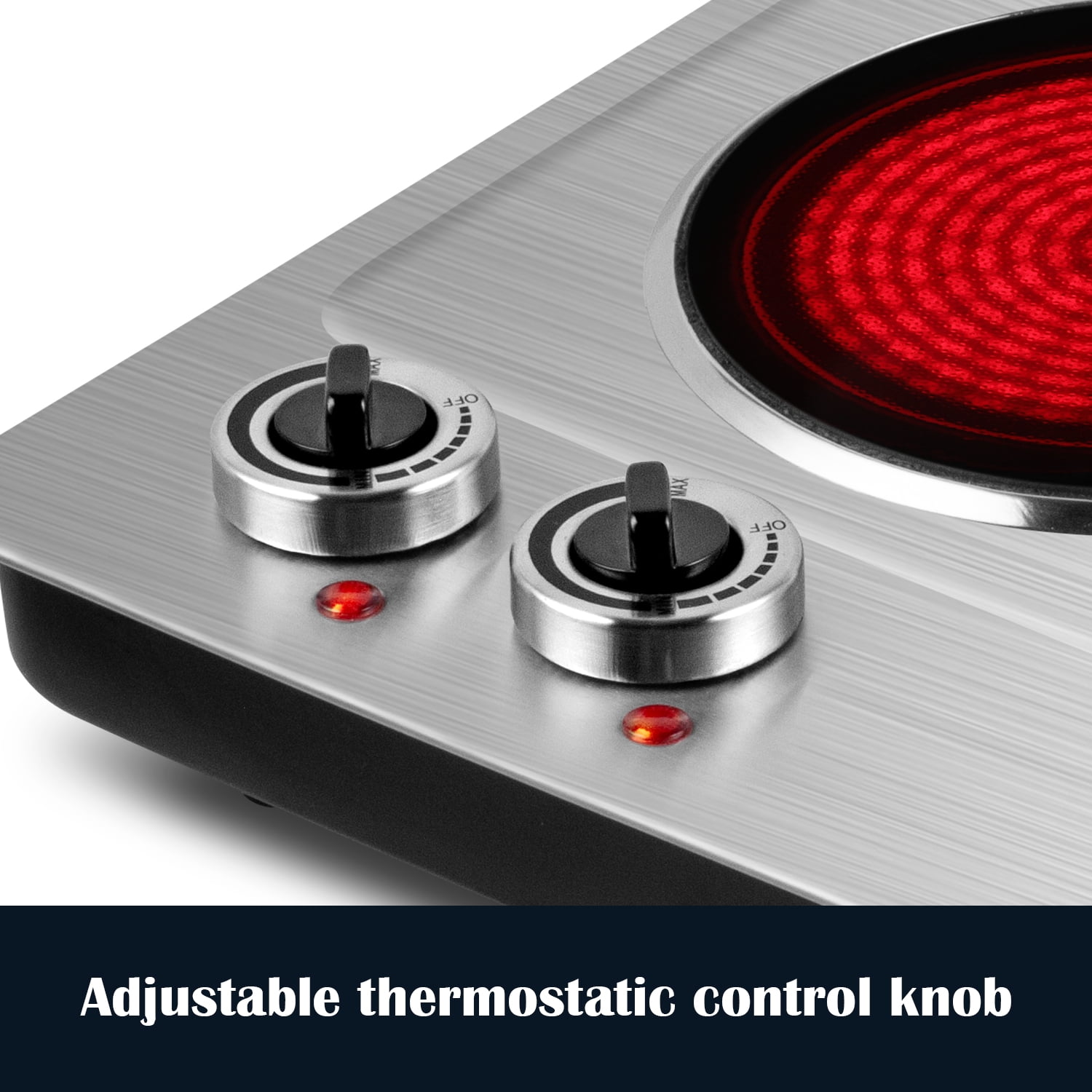 Double Hot Plate, CUSIMAX 1800W Portable Ceramic – Dual Infrared Cooktop with Independent Controls, Stainless Steel & Glass Electric Burner for Countertop Cooking, Upgraded Silver Design