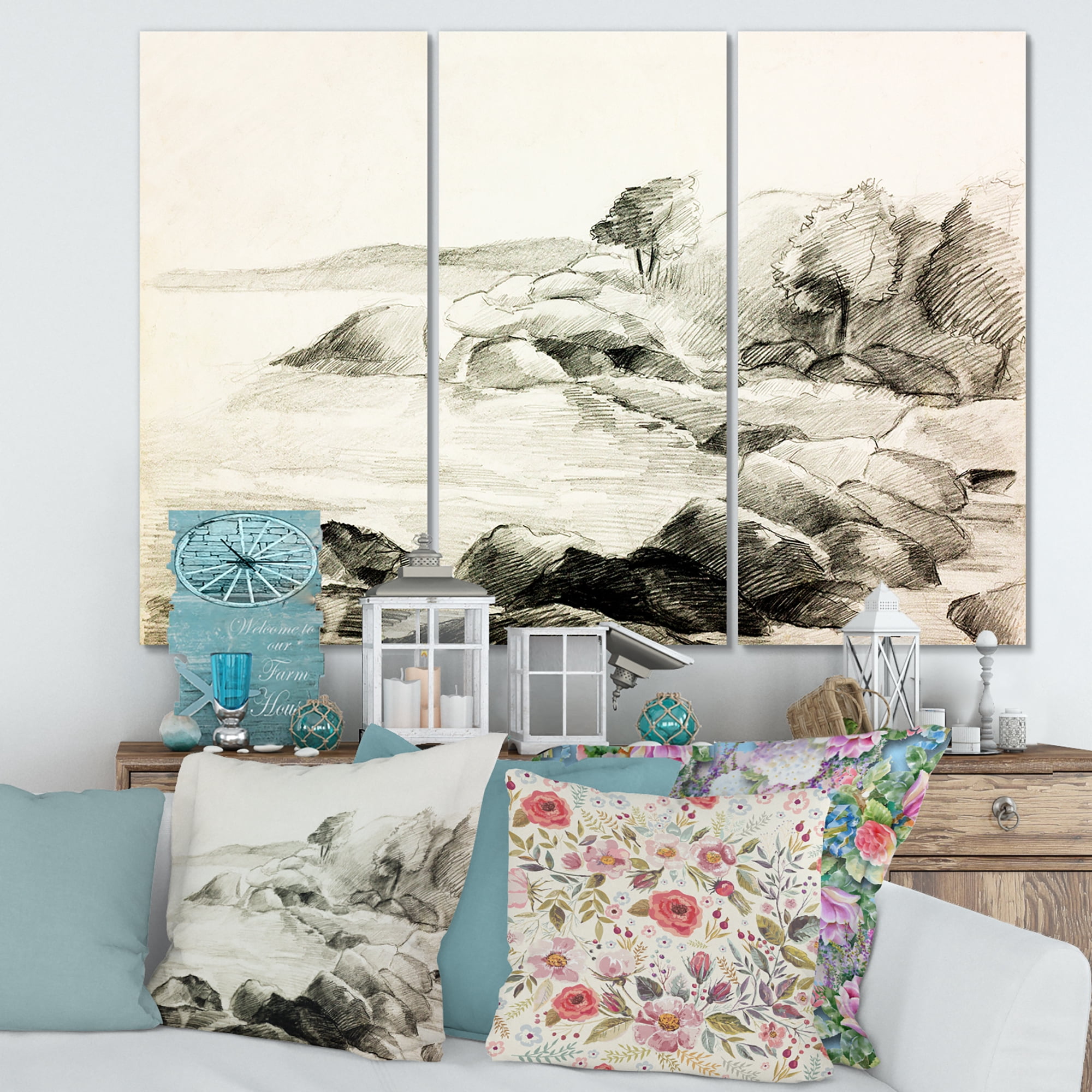 Designart ' Black and White Lake Shore ' Nautical & Coastal Canvas Wall Art Print