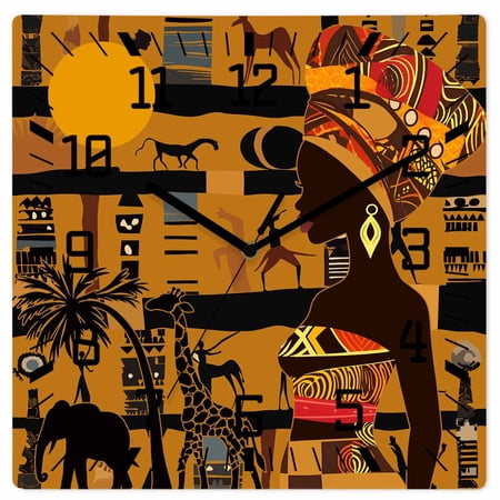 Black African Women Wooden Wall Clock Silent Non Ticking, Boho Brown Elephant Giraffe Ethnic Square Wall Clocks Battery Operated, Decor Clock for Home Office, Living Room, Kitchen, 10 Inch