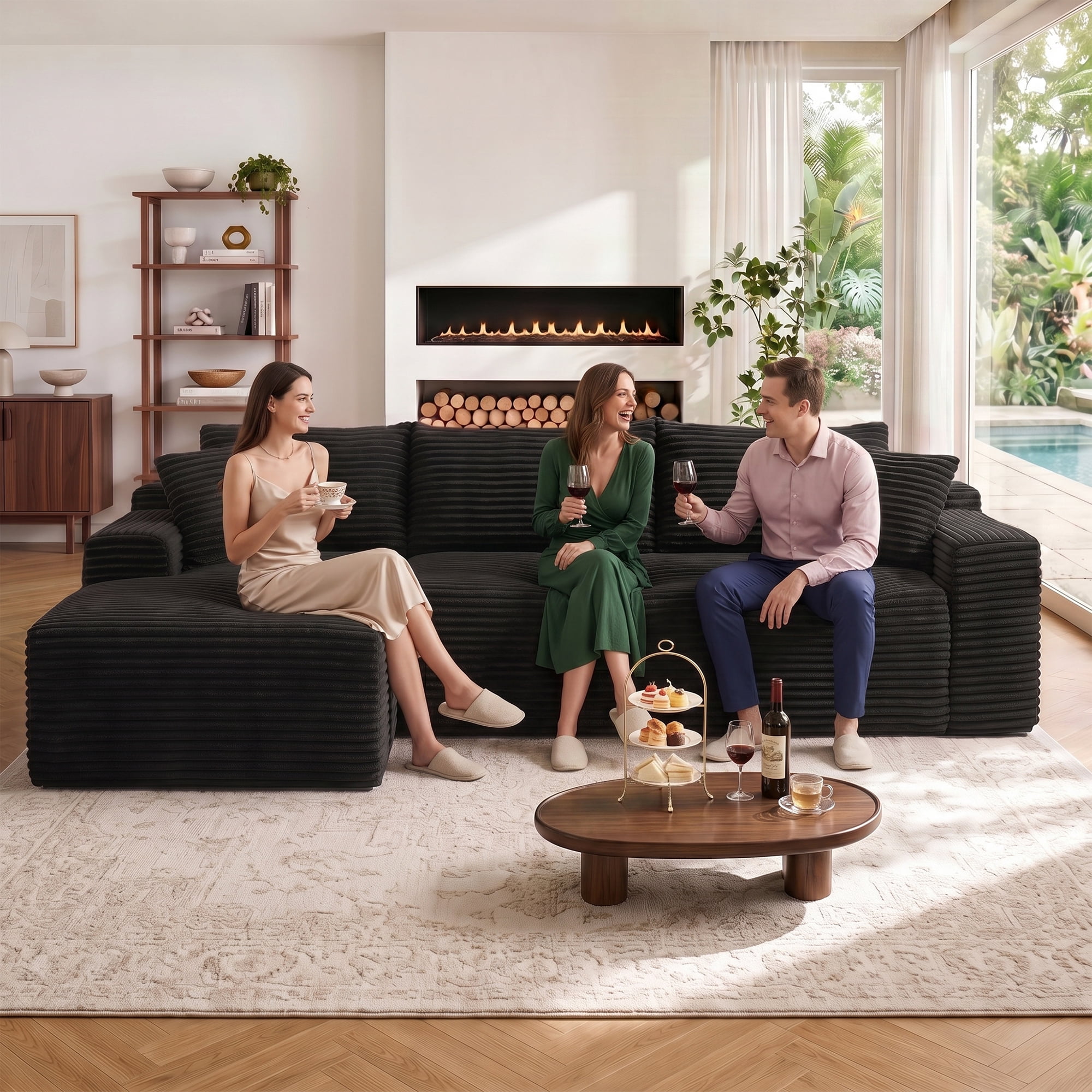 Aukfa 107" Boneless Modular Sectional Sofa, L-Shaped Corduroy Couch with Deep Seat and Left-Facing Chaise for Living Room, Black