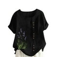 thumbnail image 2 of Womens Plus Size Cotton Linen Button Shirts Dressy Casual Short Sleeve Round Neck Tops Summer Trendy Floral Print Relax Fit Blouse, 2 of 5